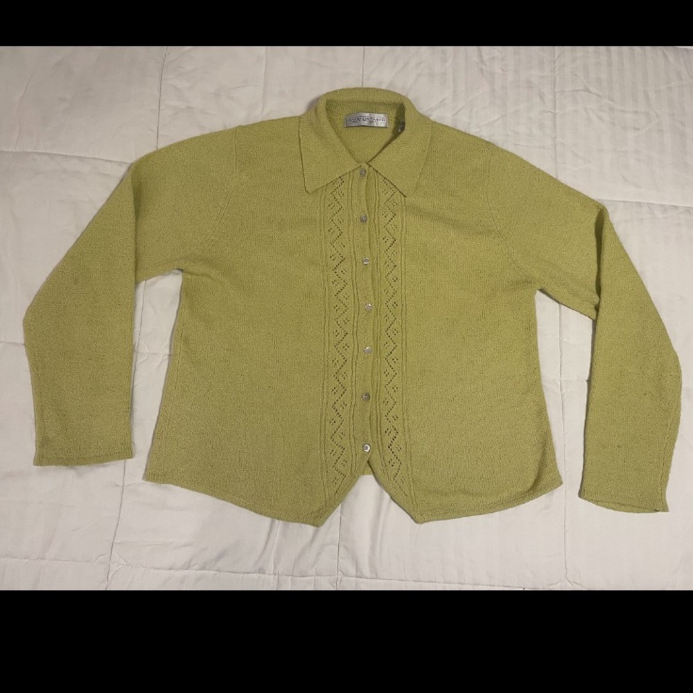 Vintage Amanda Smith Lime Green Collared Cardigan Women L Shell Button Chevron